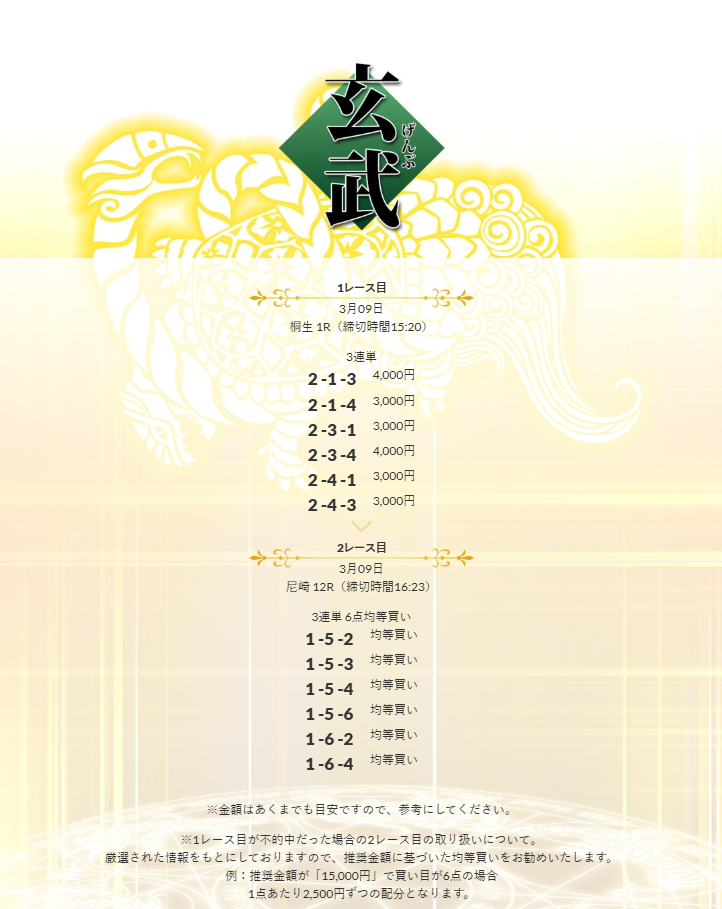 皇艇の玄武買い目