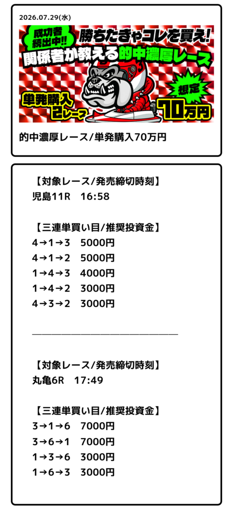 競艇ブルドッグの的中濃厚レース/単発購入70万円